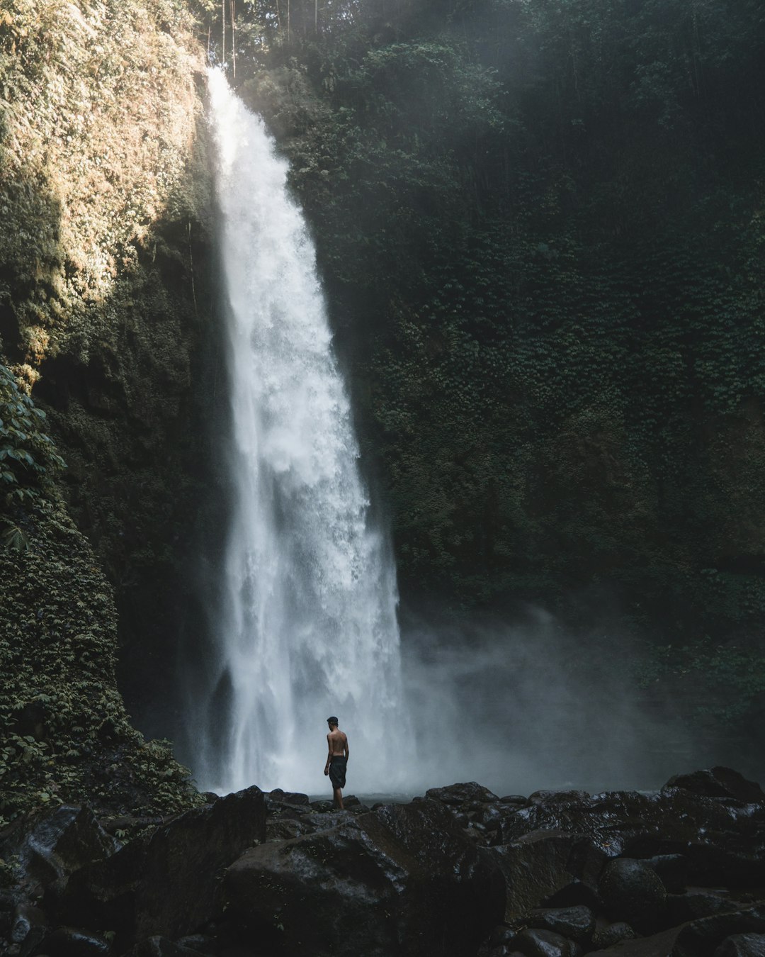 person standing beside waterfalls