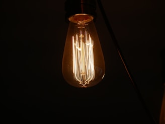 A vintage-style filament bulb glowing inside a clear glass lamp