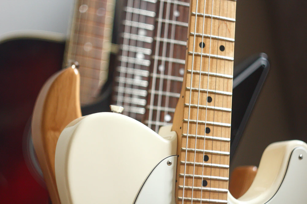 Telecaster-style guitar body and pickups in macro