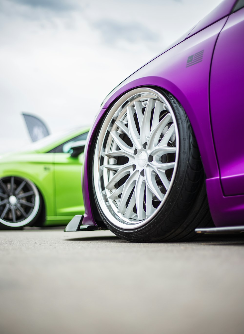 green and purple vehicles