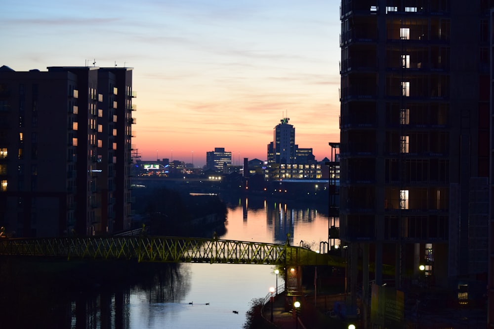 lighted buildings during golden hour