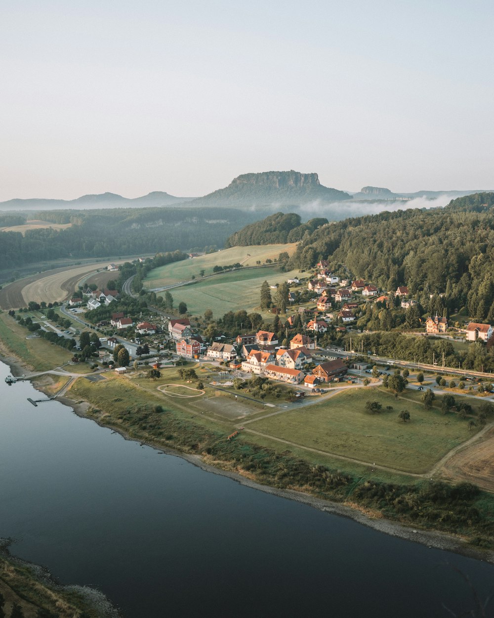 aerial view of town buildings