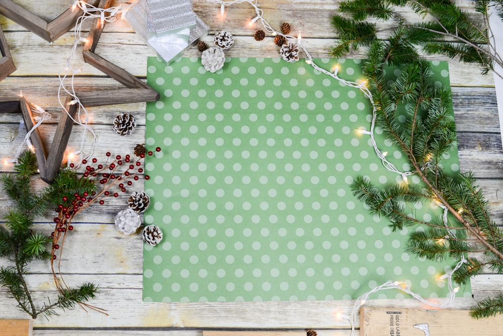 green and white polka-dot mat