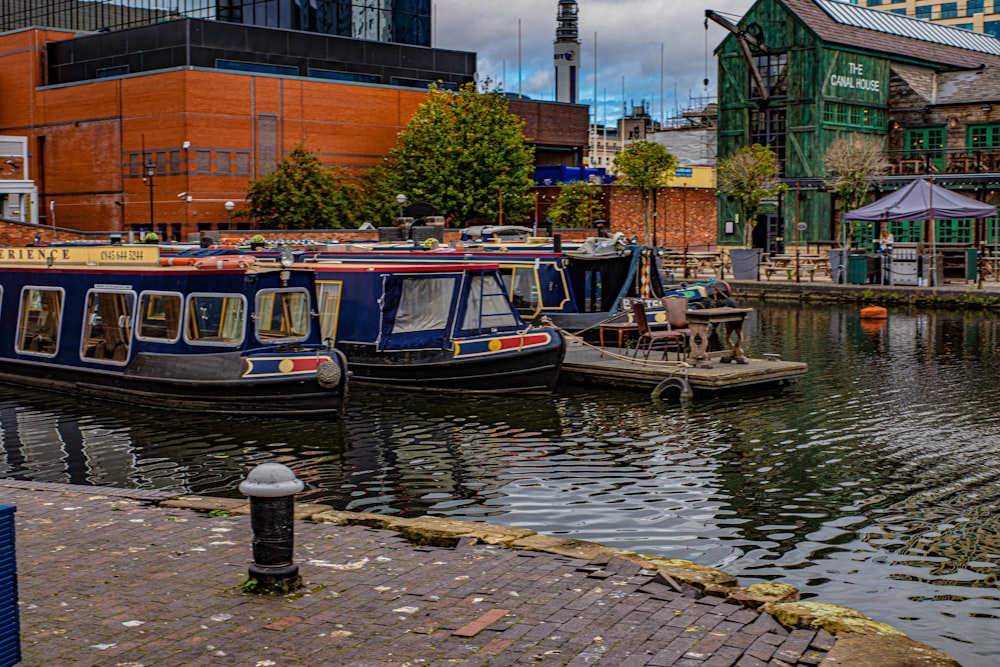 blue and white boats on body of water at daytime