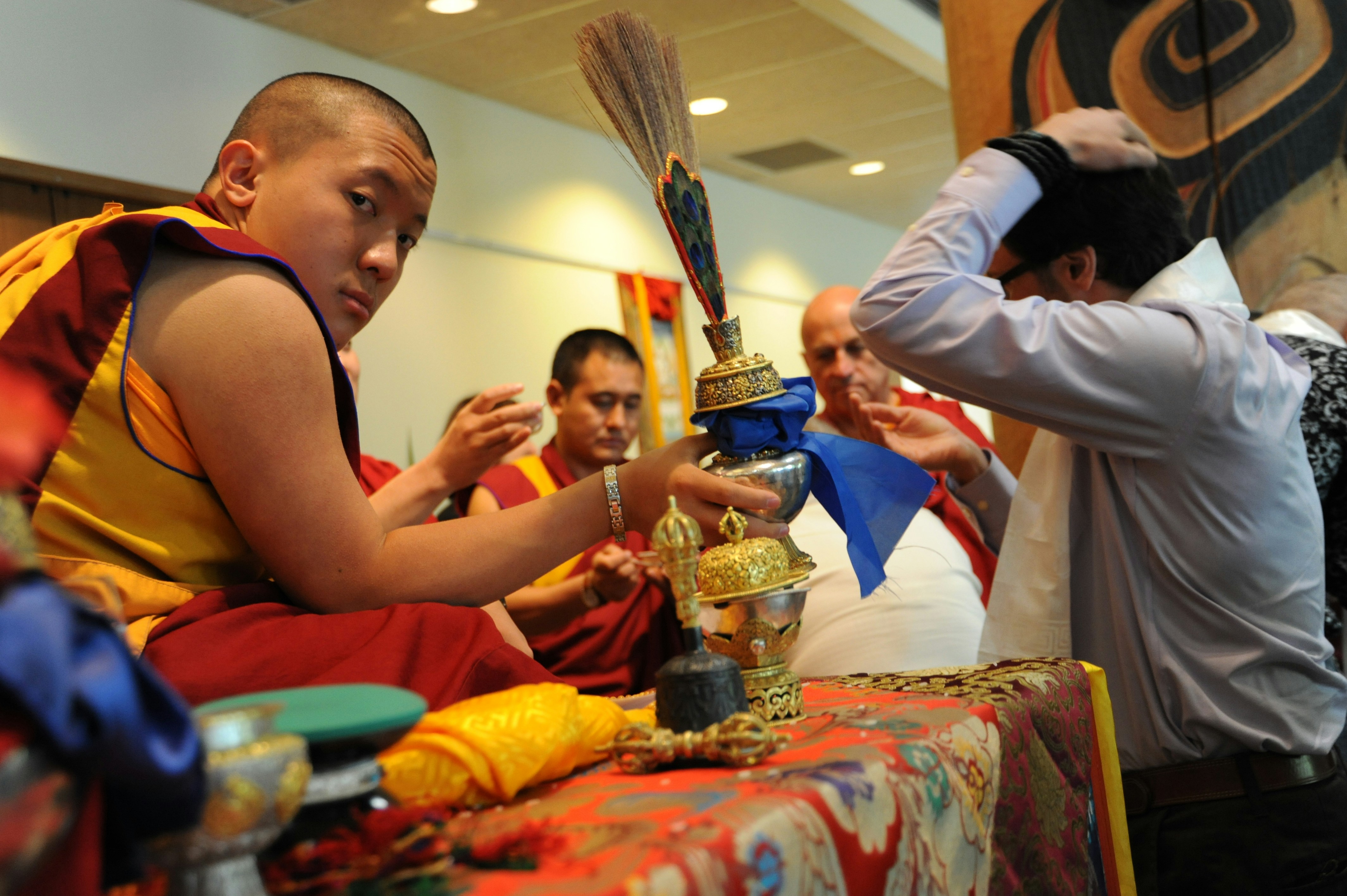 man wearing white dress shirt\, Lama Dilgo Khyentse Yangsi Rinpoche bestowing the vase of victory, initiation, Tibetan Buddhist monk, monk and author Matthieu Ricard, Tibetan Buddhist ritual, Spontaneously Occurring Heart Essence of Padma, Rangjung Padma