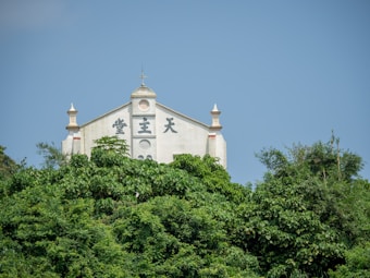 A church building is partially obscured by lush green trees and vegetation. The facade is light in color with decorative architectural elements and there are some large, bold characters on it. The sky is clear and blue, adding a serene backdrop.