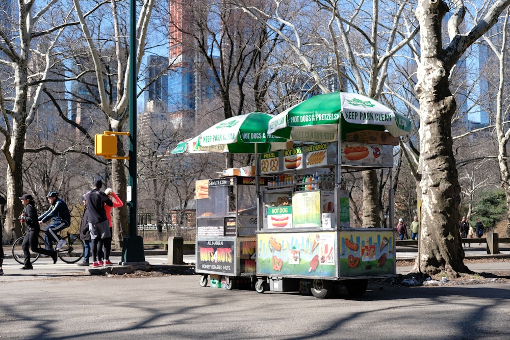 green and white parasols