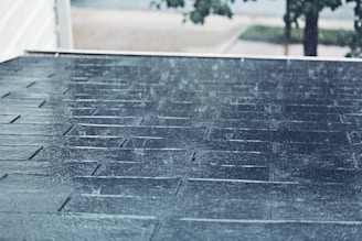 Rain is falling on a sloped shingle roof creating a wet and shiny surface. The background is slightly blurred, showing hints of trees and a street, suggesting a suburban environment. The rain creates a serene yet somber atmosphere.