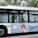 A bus traveling along a street with passengers visible through the windows. An advertisement is prominently displayed on the side of the bus featuring a smiling woman holding beauty products. The bus is parked against a backdrop of lush green trees.