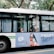 A bus traveling along a street with passengers visible through the windows. An advertisement is prominently displayed on the side of the bus featuring a smiling woman holding beauty products. The bus is parked against a backdrop of lush green trees.