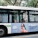 A bus traveling along a street with passengers visible through the windows. An advertisement is prominently displayed on the side of the bus featuring a smiling woman holding beauty products. The bus is parked against a backdrop of lush green trees.