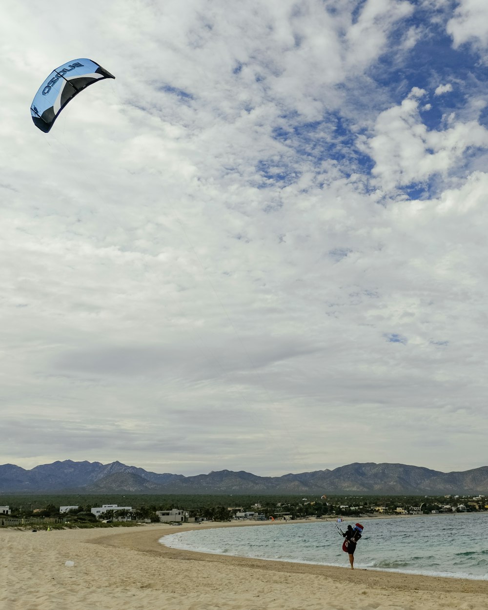 photography of person standing beside seashore while playing kite