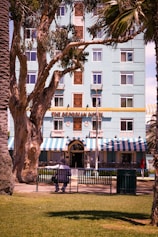 A building with a light blue facade adorned with decorative elements and several windows stands prominently. The awning is striped in blue and white, with a sign that reads 'The Georgian Hotel'. In front, a large tree with sprawling branches partially obscures the view. A few palm trees are visible, and a person sits alone on a bench, dressed in dark clothing with a wide-brimmed hat. The foreground features well-maintained green grass.