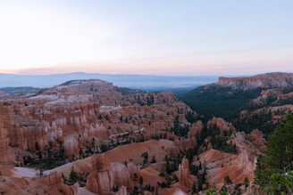 A vast canyon landscape filled with unique, towering red rock formations known as hoodoos. The land is dotted with patches of green vegetation, creating a striking contrast against the reddish-orange hues of the rocks. In the distance, layers of mountains and a soft, pastel-colored sky can be seen.