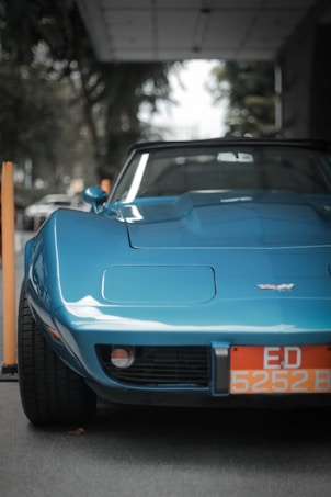 A classic blue sports car is parked under a canopy, with trees lining the background. The car's sleek design and iconic badge on the front are prominently displayed, while a license plate with bold lettering is seen. The setting appears to be an urban area with subdued lighting.
