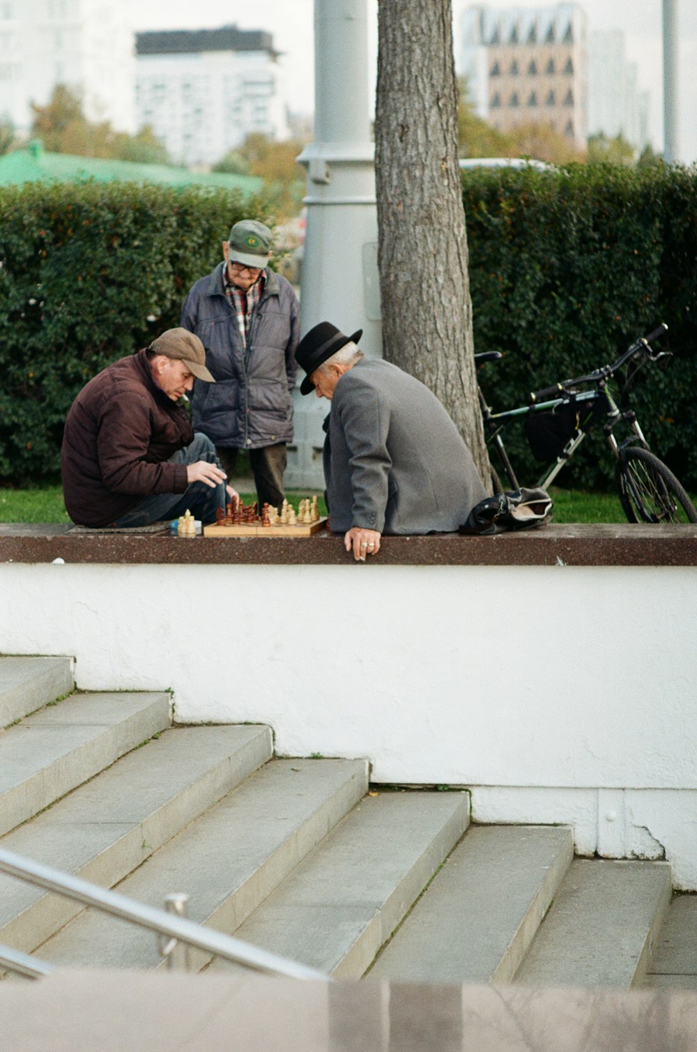two men playing chess and another man standing while watching the game near green tree