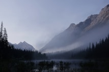 A serene mountain landscape is enveloped in a soft mist. Tall pine trees line the foreground near a calm body of water, creating a peaceful atmosphere. The rugged peaks rise majestically in the background, partially covered by delicate clouds.