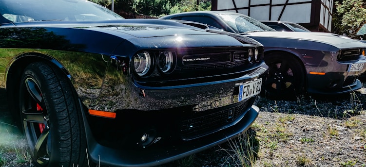 Two muscle cars, one black and one grey, are parked side by side on a grassy area with some gravel. The black car is in the foreground with a visible front grille and headlights, while the grey car is slightly behind and to the right.