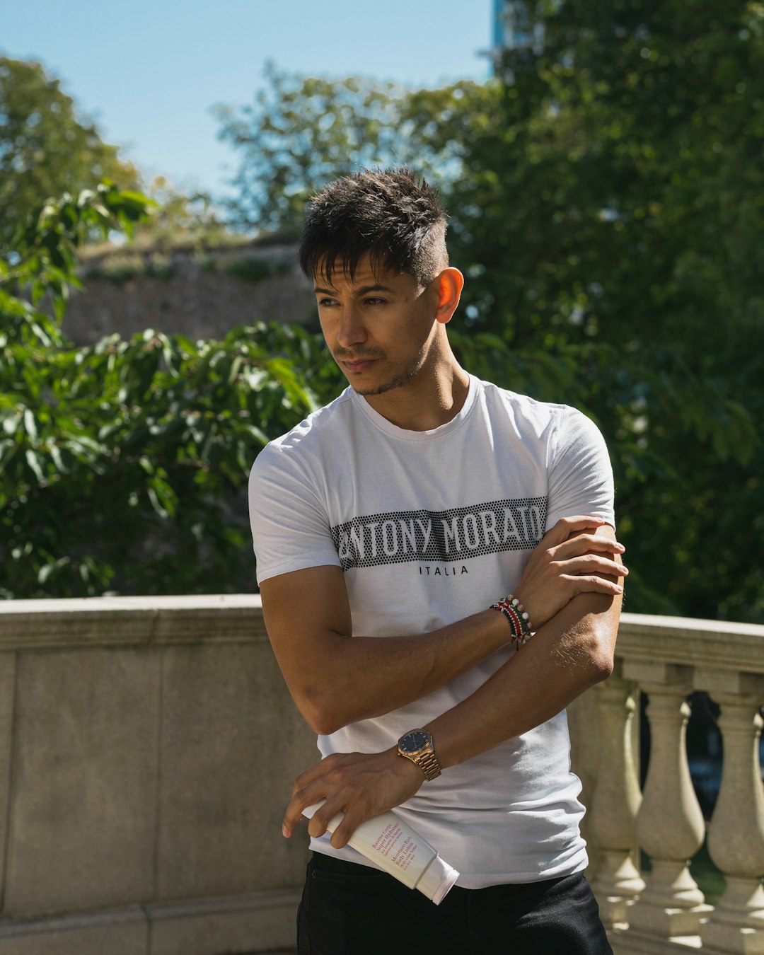 man wearing white crew-neck t-shirt