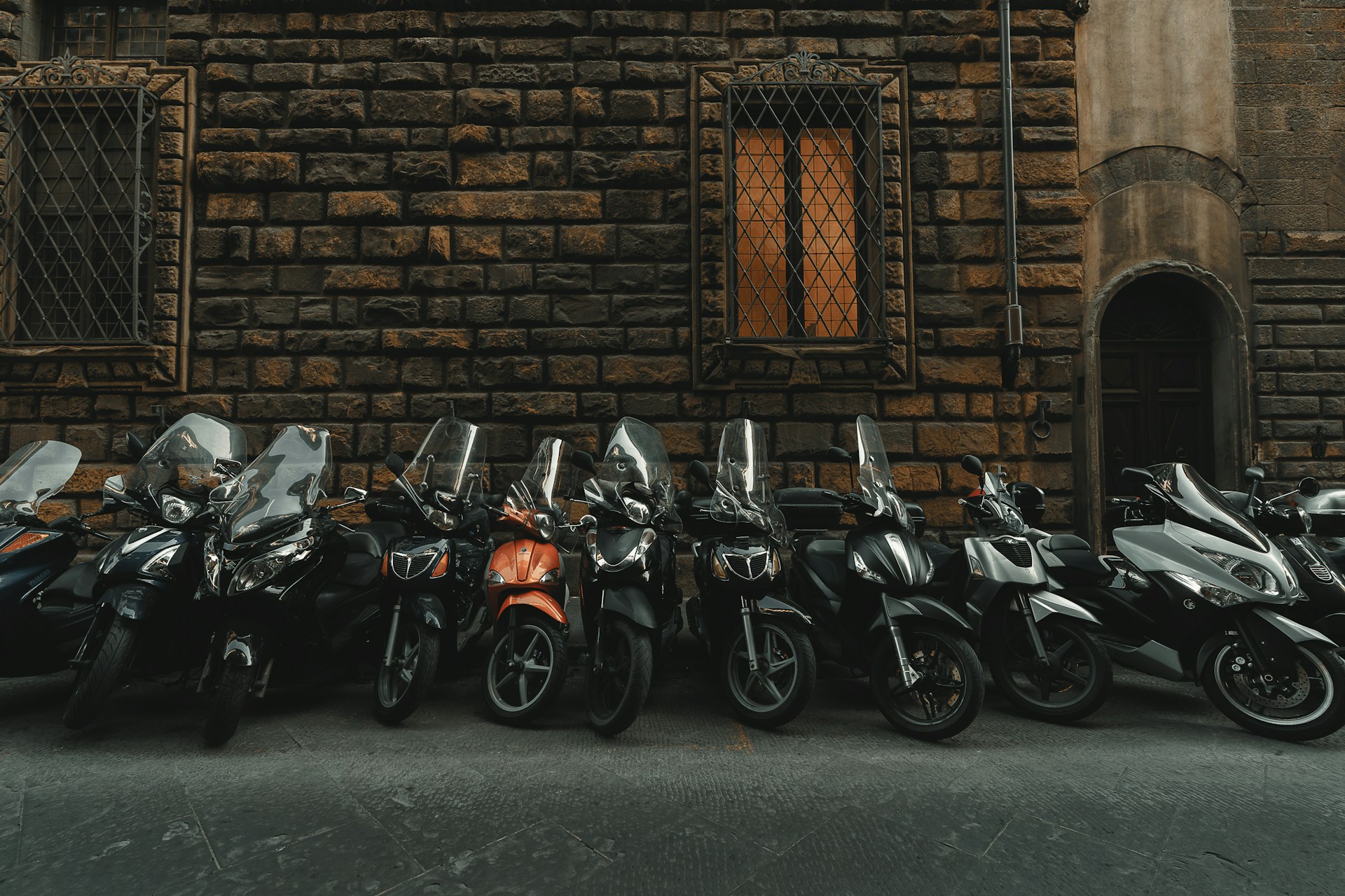 motorcycles park near building
