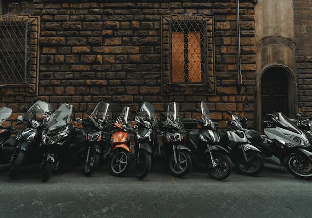 motorcycles park near building