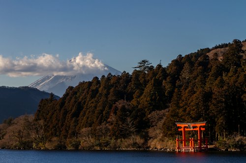 Hakone Shrine's red torii gate standing in Lake Ashi, with snow-capped Mount Fuji rising in the distance