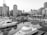 A marina filled with various boats docked on calm water, surrounded by tall modern buildings and palm trees. The waterfront setting creates a contrast between the natural and urban elements.