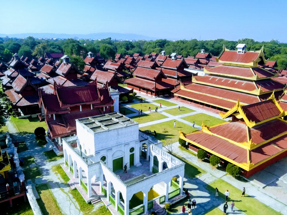 aerial view of temples and trees