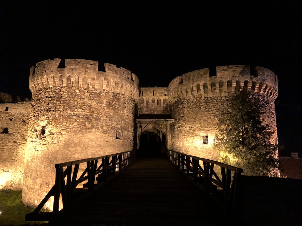 bridge between concrete castle at nighttime