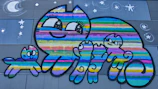 A whimsical black-and-white illustration of Yarie surrounded by animated cats and sparkling stars.