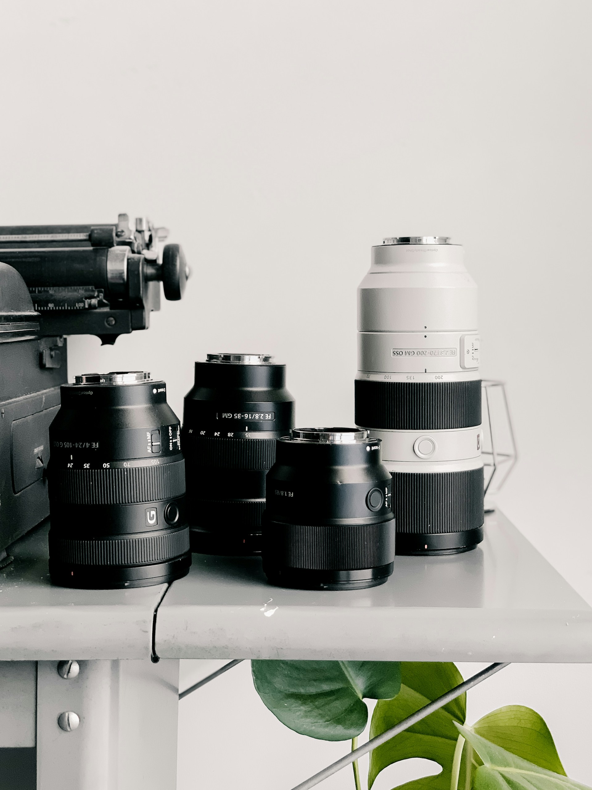 Several camera lenses of varying sizes and a portion of a typewriter are placed on a gray surface with a simple plant leaf in the corner. The setting appears minimalistic and organized, suggesting a focus on photography or vintage equipment.