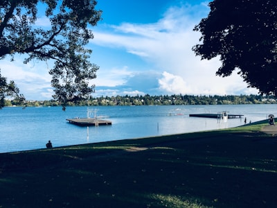 A serene lakeside scene with a large blue body of water bordered by a line of trees in the distance. There are two floating docks visible on the lake, one with a ladder. The foreground features grassy parkland shaded by large, leafy trees. A person is seated near the water and another person is walking along a path with a stroller.