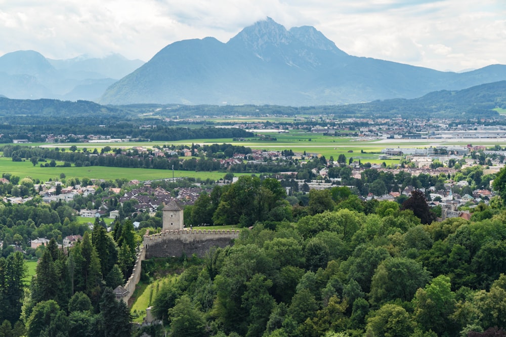 wide-angle photography of buildings and mountain during daytime