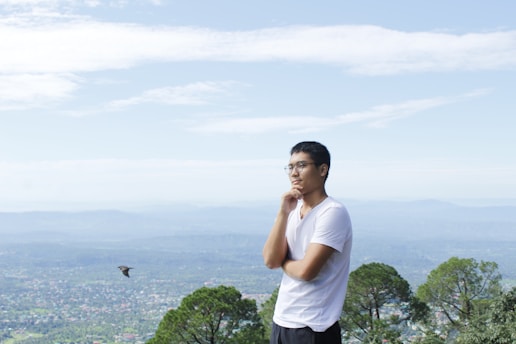 A man wearing glasses and a white t-shirt stands thoughtfully with his hand on his chin. He is overlooking a vast, expansive landscape featuring distant hills and scattered greenery. A bird is flying nearby in the clear, blue sky.
