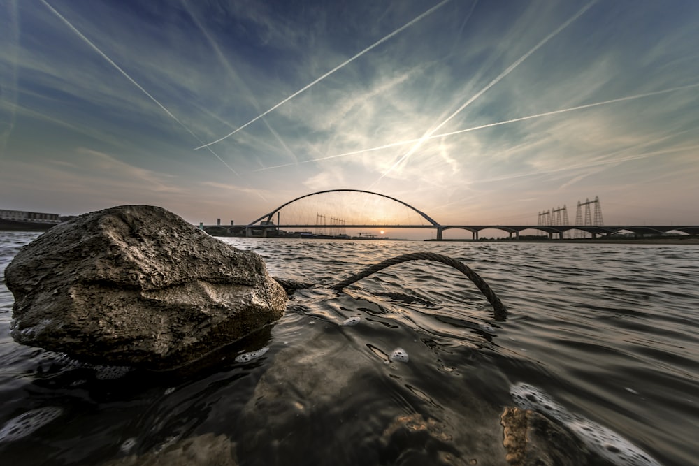 a rock in the water with a bridge in the background