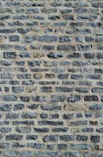 A close-up view of a stone wall featuring unevenly sized and shaped gray stones arranged in horizontal rows with a light mortar in between.