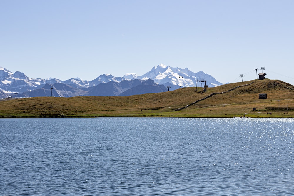 green grass field and icy mountain scenery