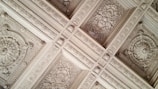 A detailed view of an ornately decorated ceiling featuring intricate floral and geometric plasterwork in a symmetrical pattern. The design includes elaborate motifs with leaves and flowers, framed by repeating rectangular elements.