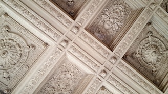 A detailed view of an ornately decorated ceiling featuring intricate floral and geometric plasterwork in a symmetrical pattern. The design includes elaborate motifs with leaves and flowers, framed by repeating rectangular elements.