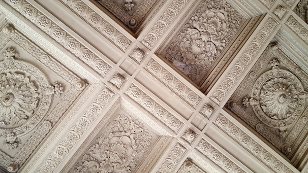A detailed view of an ornately decorated ceiling featuring intricate floral and geometric plasterwork in a symmetrical pattern. The design includes elaborate motifs with leaves and flowers, framed by repeating rectangular elements.