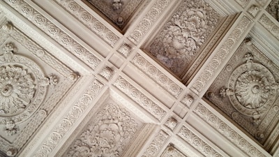 A detailed view of an ornately decorated ceiling featuring intricate floral and geometric plasterwork in a symmetrical pattern. The design includes elaborate motifs with leaves and flowers, framed by repeating rectangular elements.