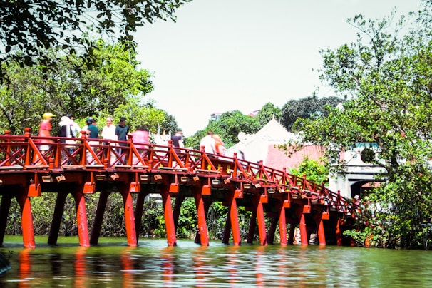 A group of hikers crossing a wooden bridge surrounded by lush green forest.