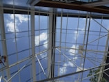 A perspective looking up at a glass or acrylic roof structure with a grid of metal beams framing sections of sky. The metal beams intersect at various angles, forming a geometric pattern against a backdrop of blue sky and scattered white clouds. A small portion of a leafy tree and some red flowers are visible at the edges.