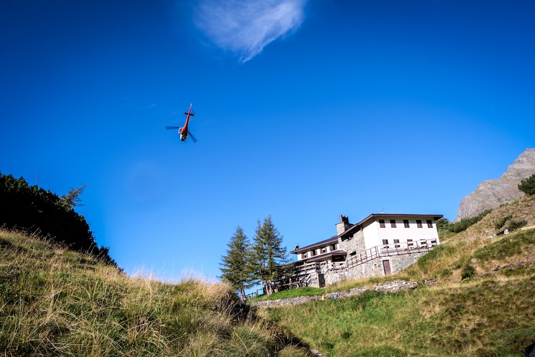 helicopter in mid air above trees, grass, and building during day