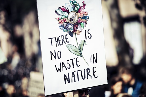 A protest sign features a hand-drawn flower with a center made of a recycling symbol and petals made of various colorful waste items. The text on the sign reads 'There is No Waste in Nature'. The background shows an out-of-focus crowd, indicating a public gathering or demonstration.