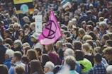 A large group of people gathered for a protest or demonstration. The crowd includes a diverse mix of individuals, some holding signs with environmental and protest-related symbols. A prominent pink flag with a black symbol stands out among the group.