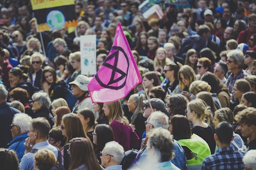 A large group of people gathered for a protest or demonstration. The crowd includes a diverse mix of individuals, some holding signs with environmental and protest-related symbols. A prominent pink flag with a black symbol stands out among the group.