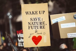 Several protest signs are held up in a crowd, with messages advocating for environmental awareness and preservation. A prominent sign reads, 'Wake Up Save: Nature, Future & your soul' with a red heart symbol. Other signs in the background contain messages in German, relating to environmental actions.