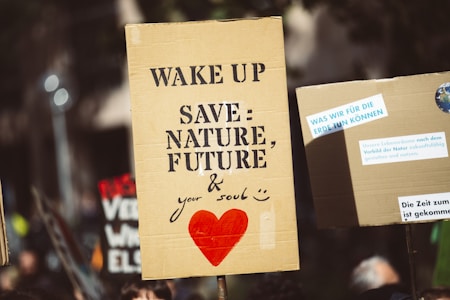 Several protest signs are held up in a crowd, with messages advocating for environmental awareness and preservation. A prominent sign reads, 'Wake Up Save: Nature, Future & your soul' with a red heart symbol. Other signs in the background contain messages in German, relating to environmental actions.