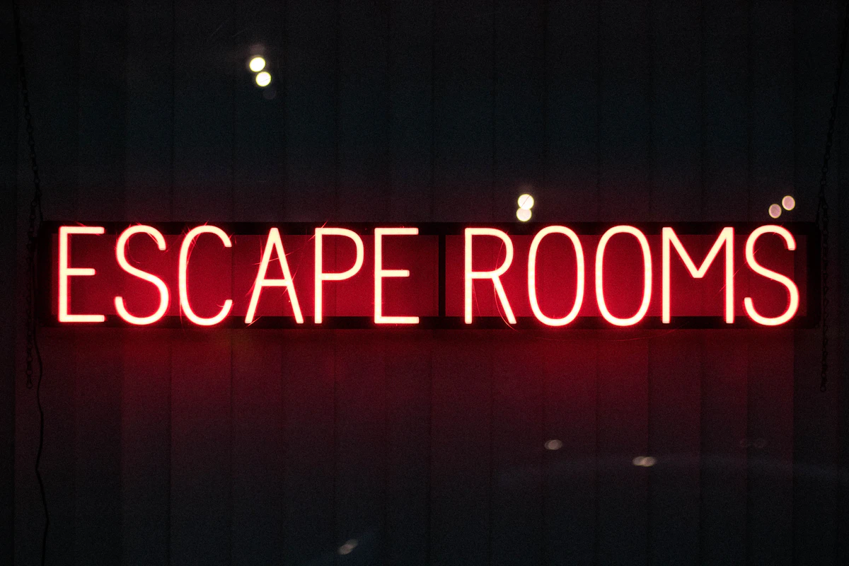 Mysterious escape room corridor with hidden clues and puzzle elements